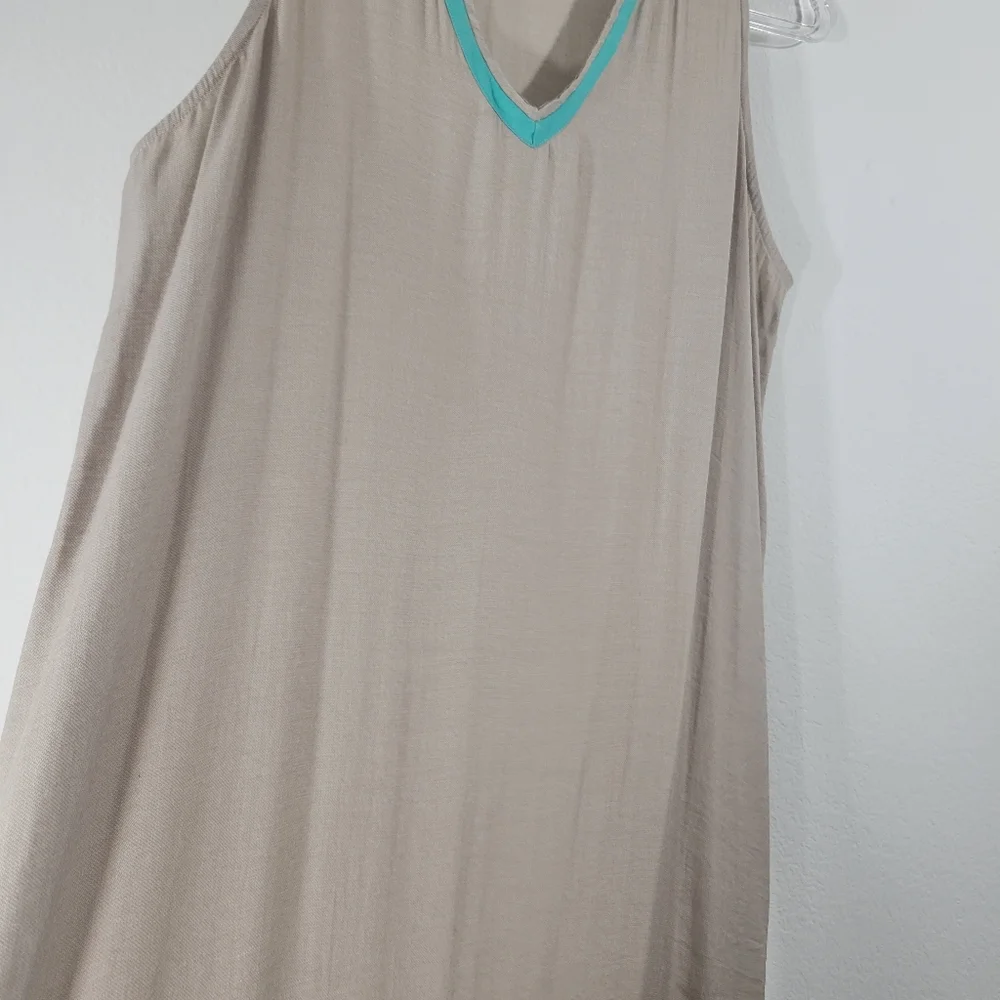 NATORI tan 'V' neck sleeveless long maxi nightgown sleep dress teal trim Large